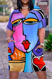 Multicolor Casual Print Basic Patchwork V Neck Short Sleeve Short Sleeve Dress