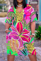 Multicolor Casual Print Basic Patchwork V Neck Short Sleeve Short Sleeve Dress