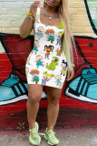 White Casual Cartoon Print Basic U Neck Vest Dresses