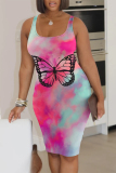 Rose Red Casual Butterfly Print Flowers Gradient Color Contrast U Neck Printed Dresses