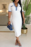 Orange Casual Patchwork Pocket Contrast V Neck Short Sleeve Short Sleeve Dress