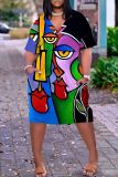 Multicolor Casual Print Basic Patchwork V Neck Short Sleeve Short Sleeve Dress