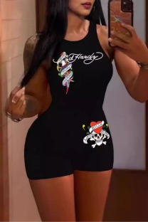 Black Casual Skull Head Letter Print Basic O Neck Skinny Rompers