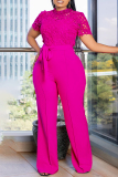 Rose Red Celebrities Lace Strap Design Patchwork O Neck Regular Jumpsuits