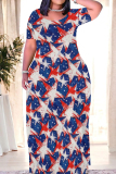 Red White Casual Print Patchwork O Neck Straight Dresses