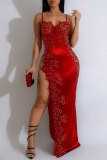 Black Sexy Hot Hot Drilling Patchwork Backless Slit Spaghetti Strap Long Dresses