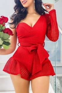 Red Sexy Casual Solid Color Backless Irregular Skinny Rompers
