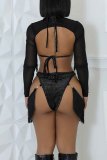 Black Sexy Solid Color Fringed Trim Lace Up Backless Halter Long Sleeve Three Piece Set