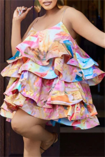 Pink Sexy Casual Print Backless Spaghetti Strap Cake Skirt Dresses