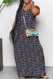 Cyan Casual Print Patchwork V Neck Long Dresses