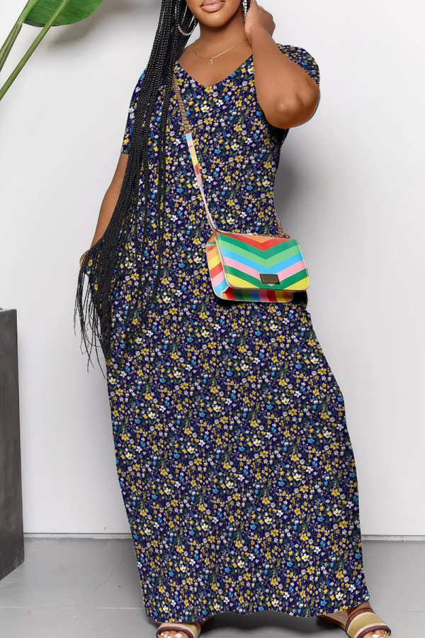 Tibetan Blue Casual Print Patchwork V Neck Long Dresses