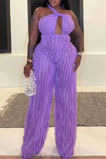 Purple Sexy Casual Solid Bandage Halter Regular Jumpsuits