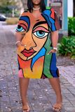 Multicolor Casual Print Basic Patchwork V Neck Short Sleeve Short Sleeve Dress