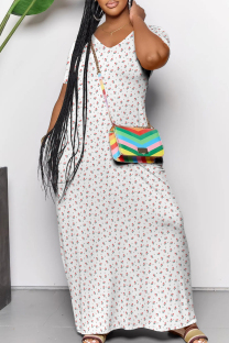 White Casual Print Patchwork V Neck Long Dresses