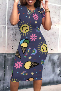Blue Casual Daily Cartoon Print O Neck Printed Short Sleeve Dress