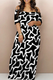 Black Casual Geometric Print Backless Patchwork Off Shoulder Long Dresses