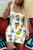 White Casual Cartoon Print Basic U Neck Vest Dresses