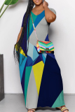 Blue Casual Geometric Print Pocket Patchwork V Neck Straight Dresses