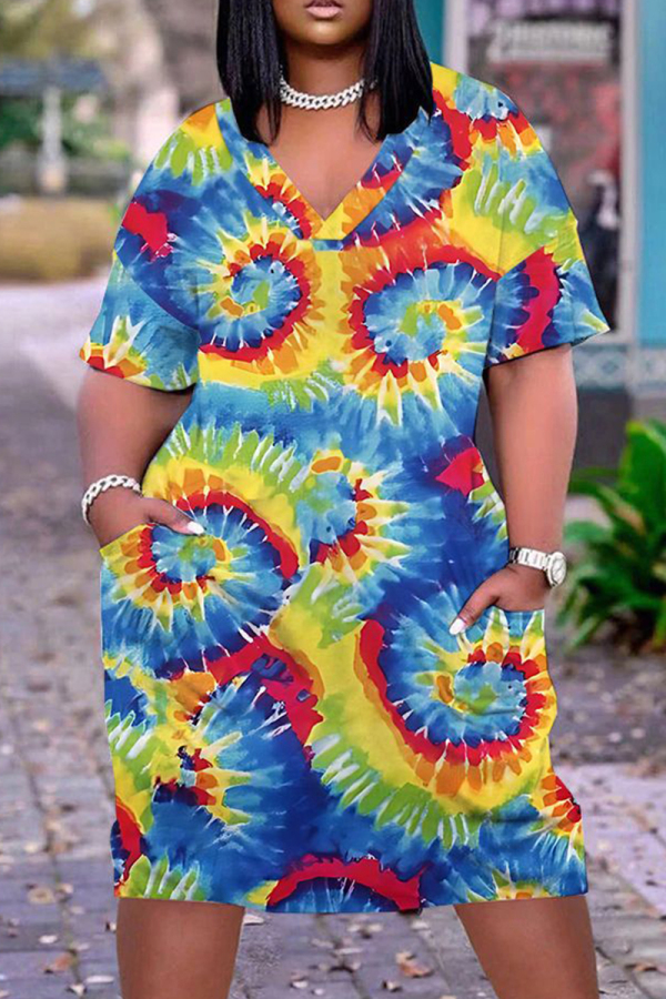 Blue Yellow Casual Print Basic Patchwork V Neck Short Sleeve Short Sleeve Dress
