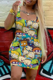 White Casual Cartoon Print Basic U Neck Vest Dresses