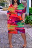 Rose Red Casual Print Basic Patchwork V Neck Short Sleeve Short Sleeve Dress