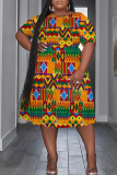 Multicolor Casual Print Patchwork O Neck Short Sleeve Plus Size Dresses