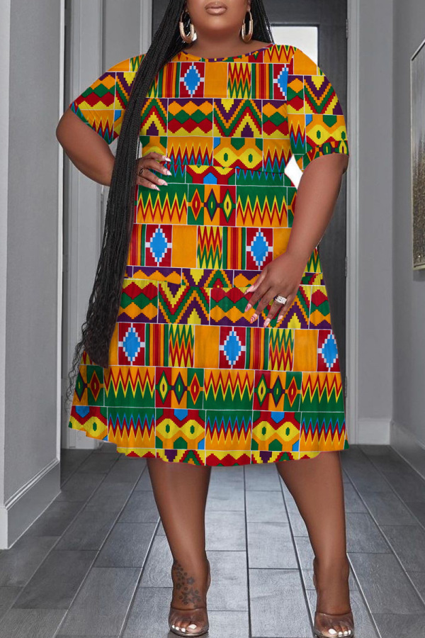 Orange Casual Print Patchwork O Neck Short Sleeve Plus Size Dresses