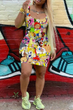 White Casual Cartoon Print Basic U Neck Vest Dresses