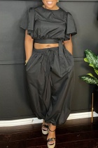 Black Casual Solid Color Lace Up O Neck Short Sleeve Two Pieces
