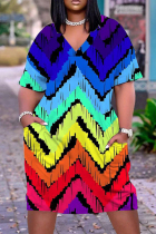 Blue Casual Print Basic Patchwork V Neck Short Sleeve Short Sleeve Dress