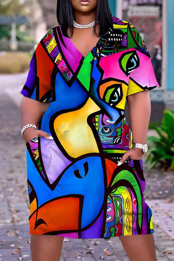 Multicolor Casual Print Basic Patchwork V Neck Short Sleeve Short Sleeve Dress
