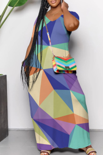 Multicolor Casual Geometric Print Pocket Patchwork V Neck Straight Dresses