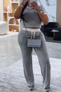Black Casual Daily Striped Print Pocket Patchwork O Neck Short Sleeve Two Pieces