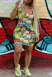 White Casual Cartoon Print Basic U Neck Vest Dresses