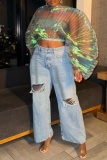 Light Blue Casual Daily Solid Color Ripped High Waist Straight Denim Jeans