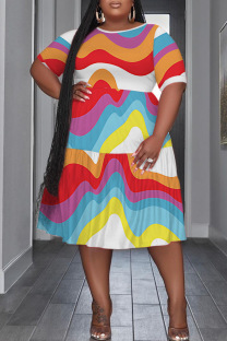 Multicolor Casual Print Patchwork O Neck Short Sleeve Plus Size Dresses