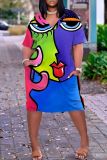 Multicolor Casual Print Basic Patchwork V Neck Short Sleeve Short Sleeve Dress
