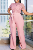 Rose Red Celebrities Lace Strap Design Patchwork O Neck Regular Jumpsuits
