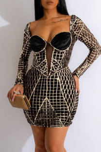 Black Sexy Backless Zipper Patchwork U Neck Wrapped Skirt Dresses