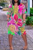 Rose Red Casual Print Basic Patchwork V Neck Short Sleeve Short Sleeve Dress