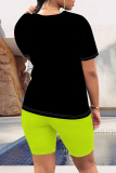 Black Casual Cartoon Print Letter Print O Neck Short Sleeve Two Pieces