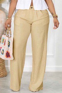 Khaki Casual Solid Color Straight High Waist Conventional Solid Color Trousers