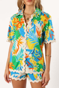 Green Casual Print Buckle Patchwork Turndown Collar Half Sleeve Two Pieces