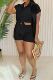 Black Casual Solid Color Buckle Patchwork Turndown Collar Short Sleeve Two Pieces