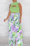Light Green Casual Print Hollow Out Half A Turtleneck Sleeveless Two Pieces