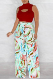 Light Green Casual Print Hollow Out Half A Turtleneck Sleeveless Two Pieces