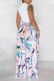Light Green Casual Print Hollow Out Half A Turtleneck Sleeveless Two Pieces