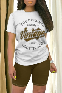 White Brown Casual Cartoon Print Letter Print O Neck Short Sleeve Two Pieces