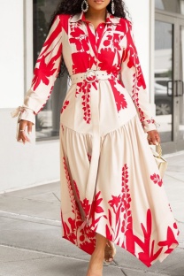 Red Casual Print With Belt Turndown Collar Irregular Dresses