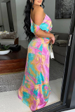 Pink Celebrities Print High Slit Ruched Patchwork Oblique Collar Long Dresses